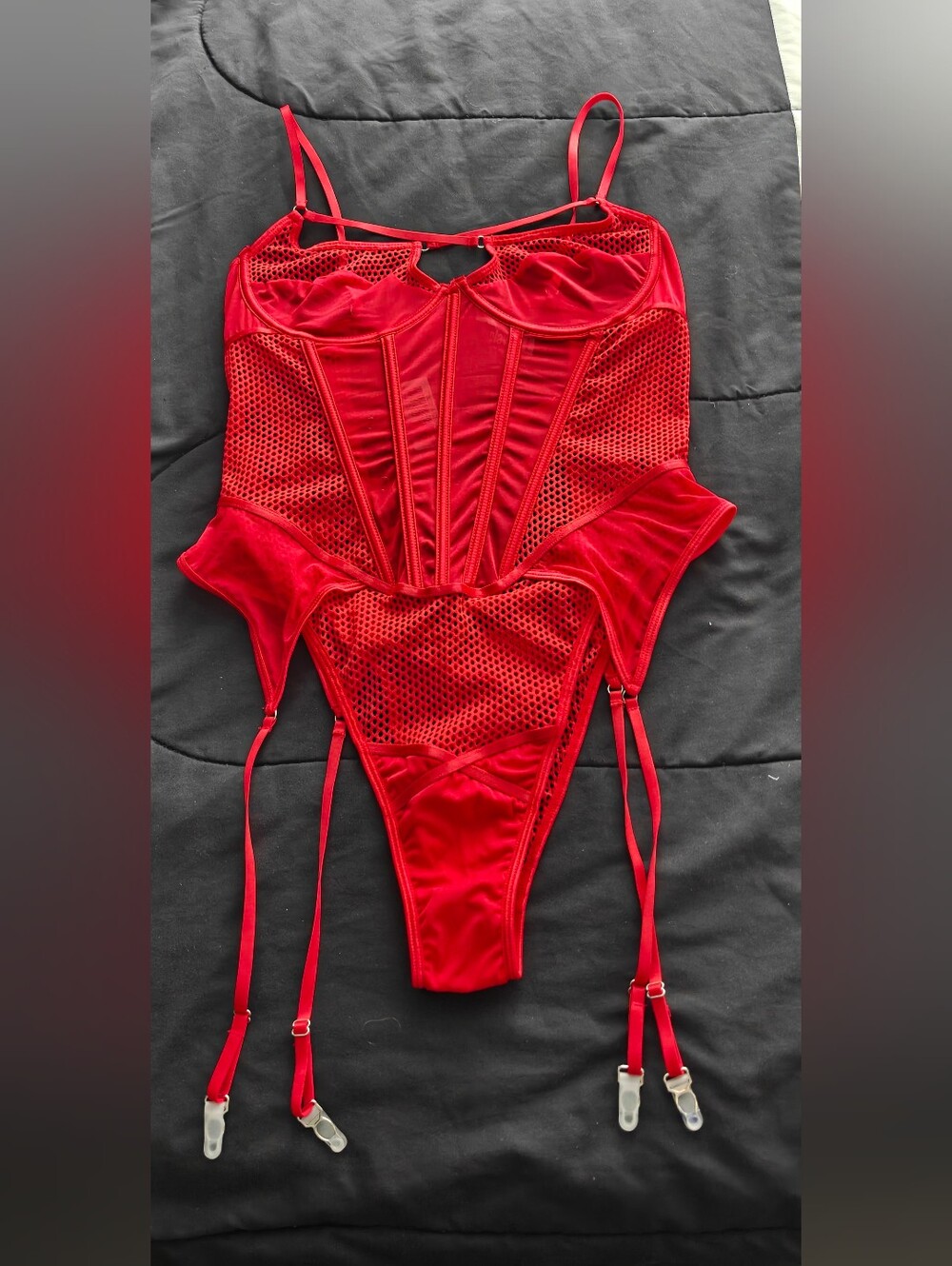 NWT Red Mesh One-Piece Bodysuit with Garter Straps